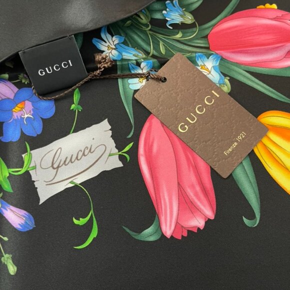 Gucci Scarf Flora Print Logo Black Multicolor Silk Wrap - Picture 9 of 16